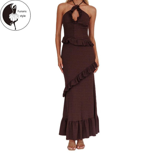 Women's Summer Outfits Solid Color Cutout Halter Tank Tops + RuffledLong Skirt Set Party Clothes