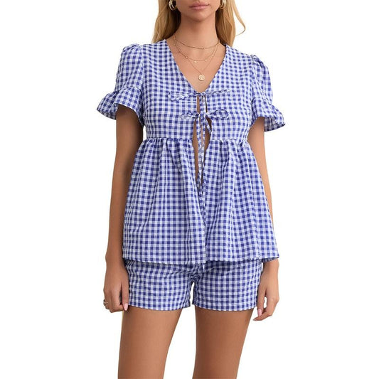 Women's Summer Plaid Outfits Ruffled Short Sleeve Tie-Up Front Peplum Tops with Elastic Waist Shorts Set Streetwear Casual Womenswear
