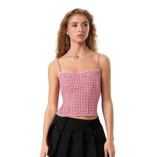 Women's Summer Short Tank Tops Sleeveless Open Back Low Cut Slim Fit Plaid Camisole