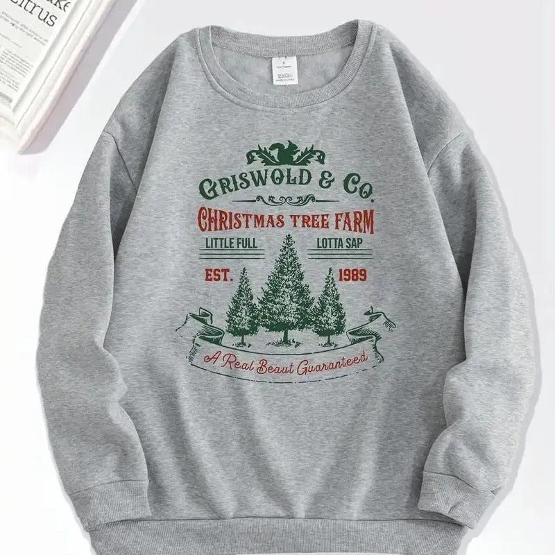 Women's Vintage Christmas Tree Print Crew Neck Long Sleeve Pullover Sweatshirt - Soft, Cozy, and Festive Holiday Apparel for Ladies