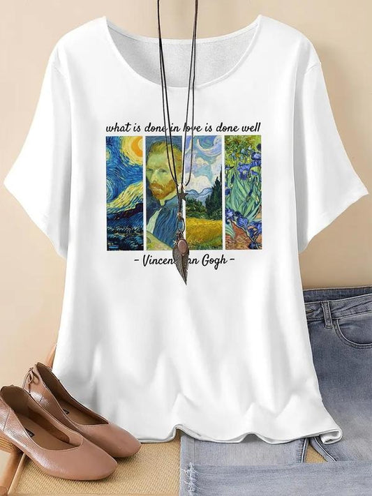 Women's Vintage Letter & Van Gogh Print Round Neck Graphic Tee, Casual Drop Shoulder Half Sleeve T-shirt for Summer, Women's Top for Daily Wear