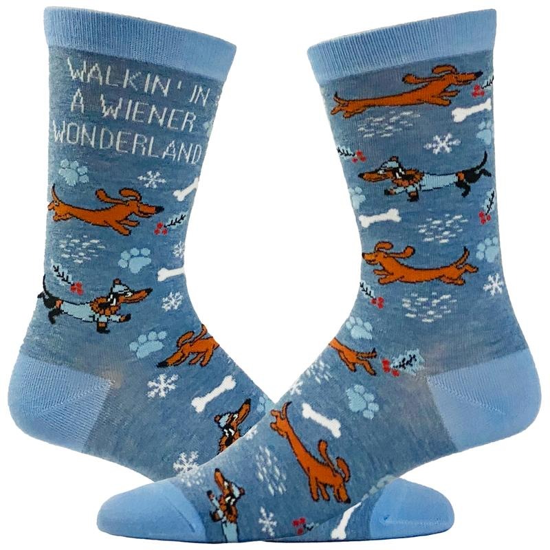 Women's Walkin In A Wiener Wonderland Socks Funny Winer Weather Christmas Dog Lover Footwear Funny Graphic Socks Comfortable Fitted Spandex Cotton