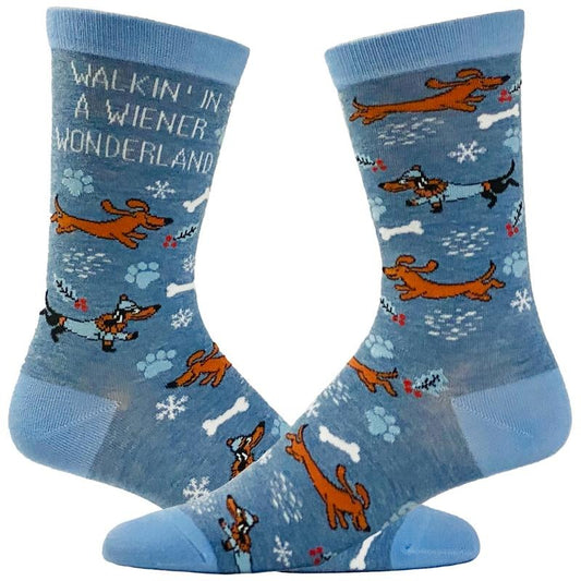 Women's Walkin In A Wiener Wonderland Socks Funny Winer Weather Christmas Dog Lover Footwear Funny Graphic Socks Comfortable Fitted Spandex Cotton