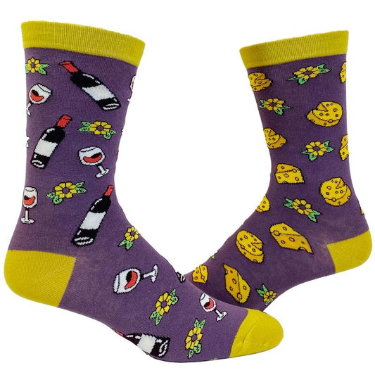 Women's Wine And Cheese Socks Funny Vino Lover Graphic Novelty Footwear Funny Graphic Socks Comfortable Fitted Spandex Cotton