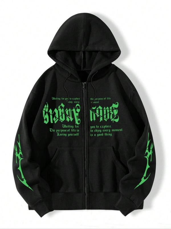 Women's Y2k Letter & Graphic Print Pocket Full Zip up Hooded Sweatshirt, Comfort Tops for Lady, Trendy Fashion Casual Drop Shoulder Long Sleeve Hoodie for Daily Outdoor Streetwear, Women 2024 Fall & Winter Clothes, Longsleeves Womenswear