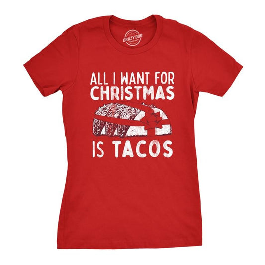 Womens All I Want for Christmas Is Tacos T Shirt Funny Mexican Food Holiday Tee Funny Womens T Shirts Cute Slimming Top Comfortable Soft Womenswear Christmas Tops for Women Funny Food Top Women's Red