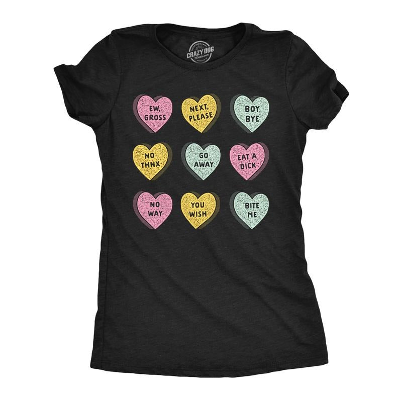 Womens Anti Valentines Day Candy Hearts T Shirt Funny Valentine Rejection Candies Joke Tee for Ladies Funny Womens T Shirts Cute Slimming Top Comfortable Soft Womenswear Love Tops for Women Funny Black -