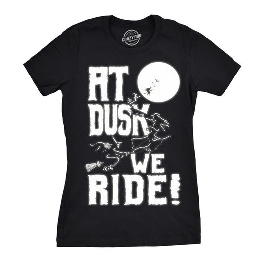 Womens At Dusk We Ride T Shirt Funny Halloween Witch Tee Funny Womens T Shirts Cute Slimming Top Comfortable Soft Womenswear Halloween Tops for Women Women's Novelty Tees Black