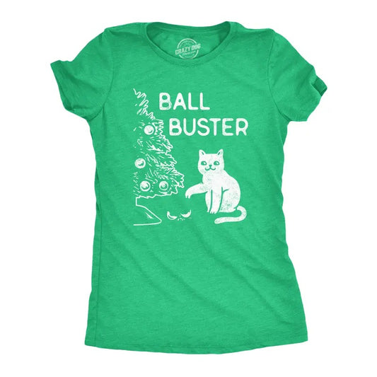 Womens Ball Buster T Shirt Funny Christmas Tree Cat Ornaments Graphic Tee Funny Womens T Shirts Cute Slimming Top Comfortable Soft Green