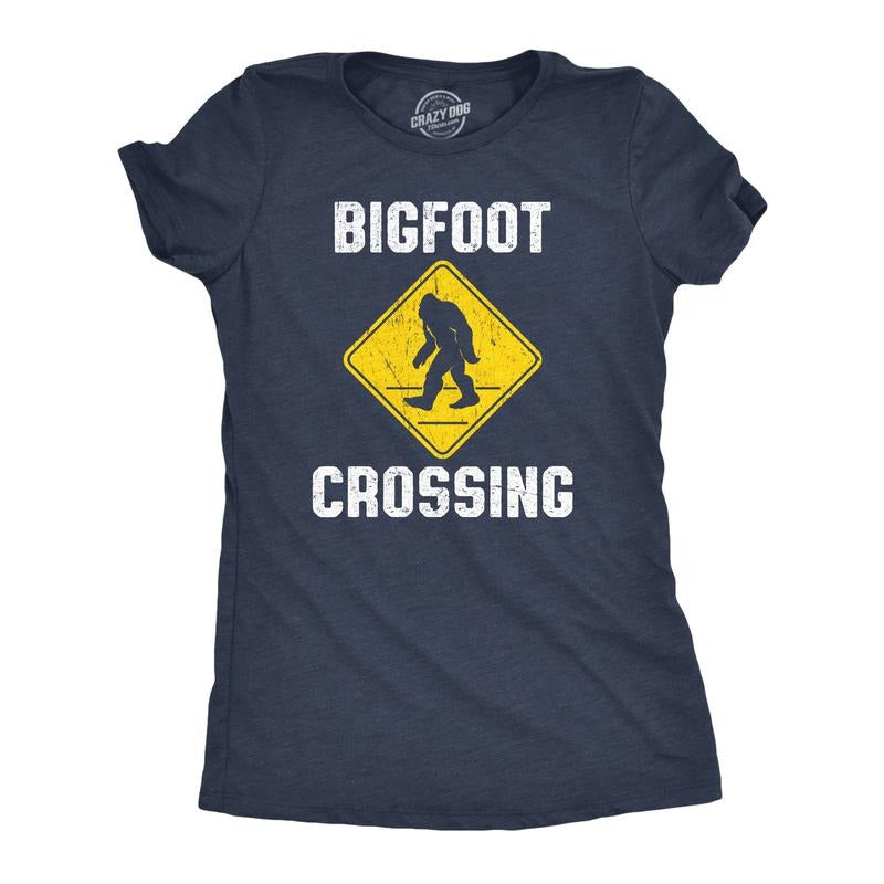 Womens Bigfoot Crossing T Shirt Funny Sasquatch Road Warning Sign Tee For Ladies Funny Womens T Shirts Cute Slimming Top Comfortable Soft Womenswear Funny Sarcastic Top Women's Novelty Tees Navy -