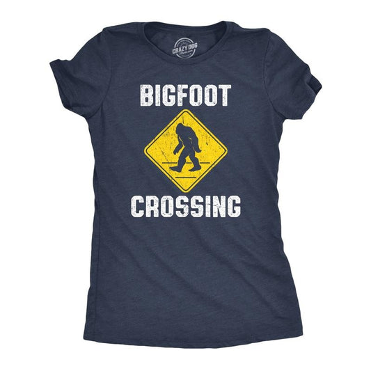 Womens Bigfoot Crossing T Shirt Funny Sasquatch Road Warning Sign Tee For Ladies Funny Womens T Shirts Cute Slimming Top Comfortable Soft Womenswear Funny Sarcastic Top Women's Novelty Tees Navy -