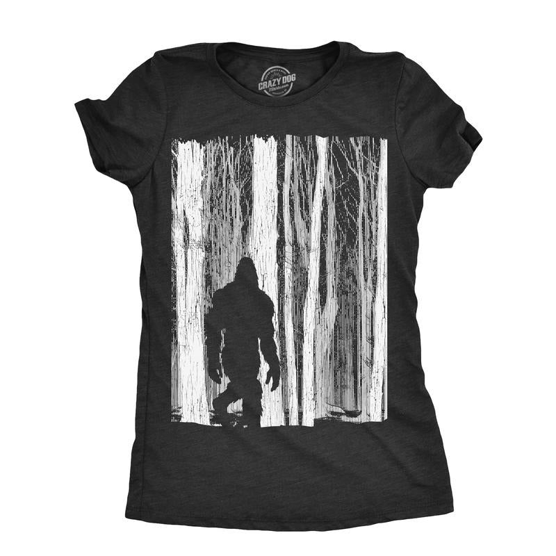 Womens Bigfoot In The Forest T Shirt Funny Sasquatch Outdoors Wild Joke Tee For Ladies Funny Womens T Shirts Cute Slimming Top Comfortable Soft Womenswear Funny Sarcastic Top Women's Novelty Tees Black -