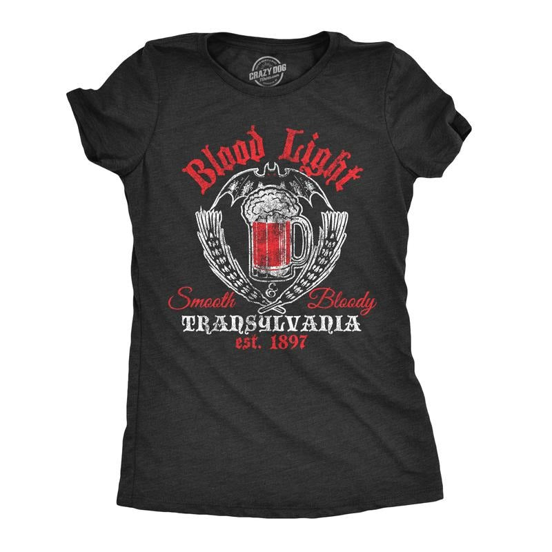 Womens Blood Light T Shirt Funny Beer Parody Vampire Halloween Tee for Ladies Funny Womens T Shirts Cute Slimming Top Comfortable Soft Womenswear Halloween Tops for Women Funny Beer Top Women's Black -