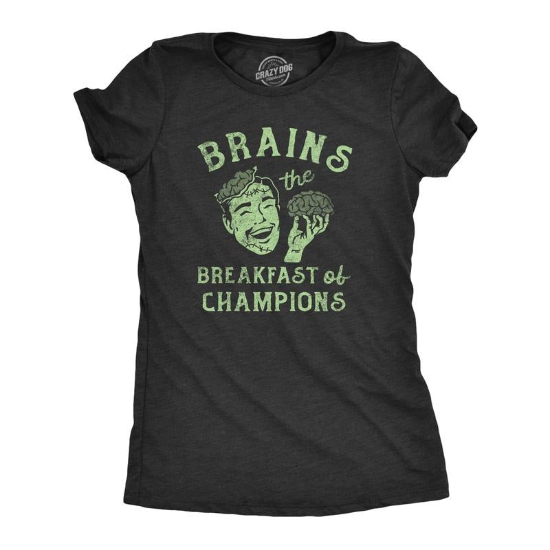 Womens Brains The Breakfast Of Champions T Shirt Funny Halloween Zombie Joke Tee For Ladies Funny Womens T Shirts Cute Slimming Top Comfortable Soft Womenswear Halloween Tops for Women Funny Food Top Black -