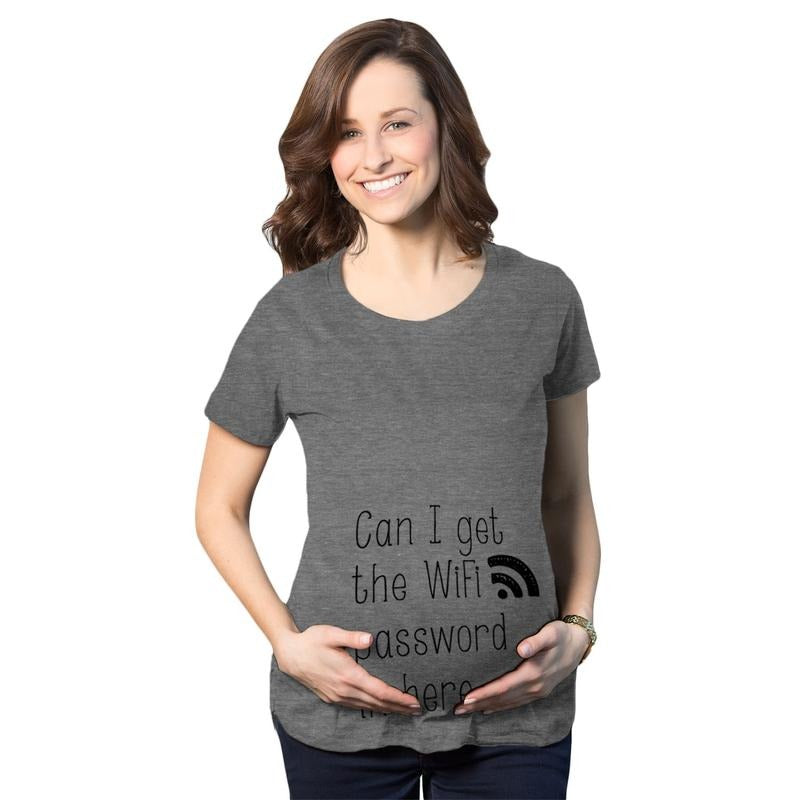 Womens Can I Get The Wifi Password In Here Maternity T Shirt Funny Pregnancy Tee Funny Graphic Maternity Tee Cute Pregnancy Tees With Plus Sizes Funny Meme Short Sleeve Funny Maternity Shirts Dark Grey