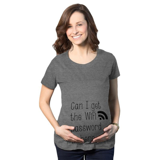 Womens Can I Get The Wifi Password In Here Maternity T Shirt Funny Pregnancy Tee Funny Graphic Maternity Tee Cute Pregnancy Tees With Plus Sizes Funny Meme Short Sleeve Funny Maternity Shirts Dark Grey