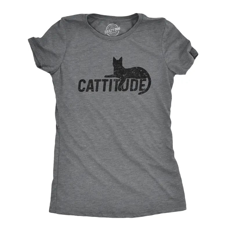 Womens Catitude T Shirt Funny Pet Cat Attitude Tee Funny Womens T Shirts Cute Slimming Top Comfortable Soft Womenswear Funny Cat Top Women's Novelty Tees Dark Grey