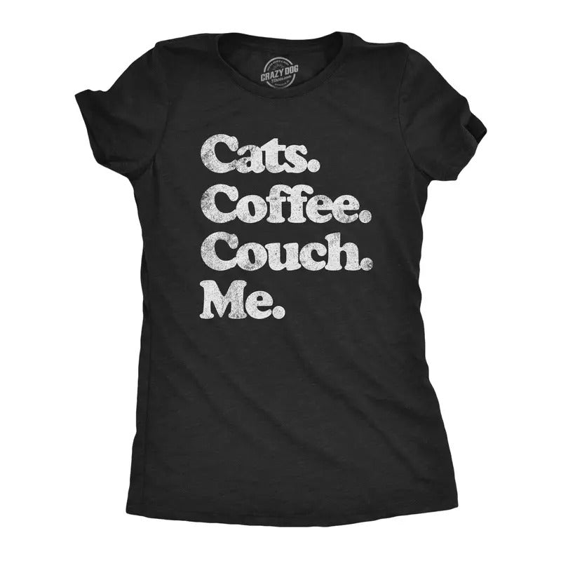 Womens Cats Coffee Couch Me T Shirt Funny Saying Cool Graphic Tee Fun Top for Guys Funny Womens T Shirts Cute Slimming Top Comfortable Soft Womenswear Coffee Tops for Women Funny Cat Top Women's Black