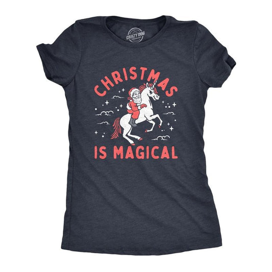 Womens Christmas Is Magical T Shirt Funny Santa Claus Fantasy Unicorn Tee For Ladies Funny Womens T Shirts Cute Slimming Top Comfortable Soft Womenswear Christmas Tops for Women Funny Sarcastic Top Navy -