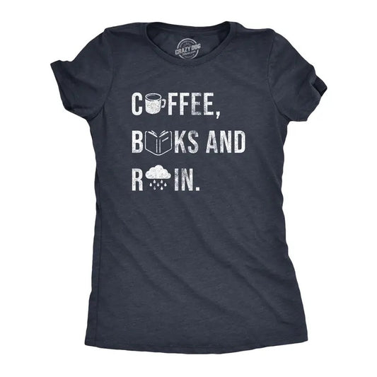 Womens Coffee Books And Rain T Shirt Funny Caffeine Reading Lovers Tee For Ladies Funny Womens T Shirts Cute Slimming Top Comfortable Soft Womenswear Nerd Tops for Women Funny Coffee Top Women's Navy -