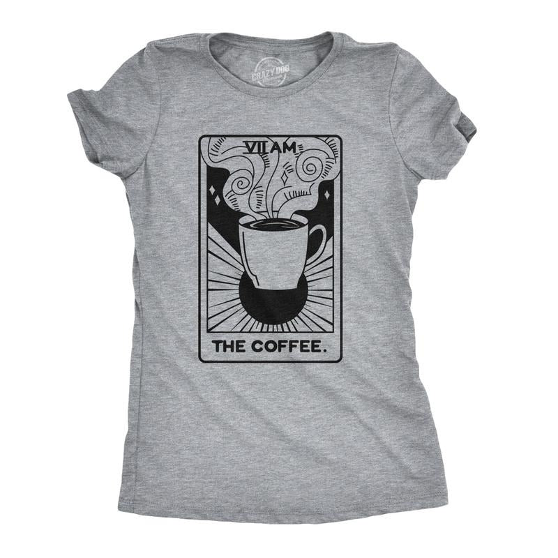 Womens Coffee Tarot Card Tshirt Funny Morning Cup Fortune Teller Tee Funny Womens T Shirts Cute Slimming Top Comfortable Soft Womenswear Funny Coffee T Shirt Women's Novelty T Shirts Light Grey