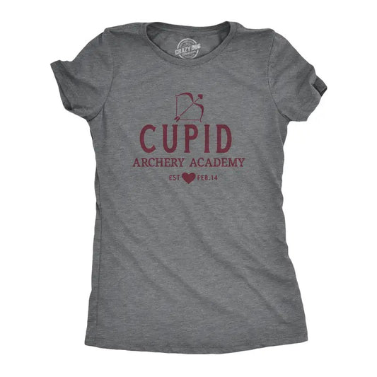 Womens Cupid Archery Academy T Shirt Funny Valentines Day Shirt for Women Funny Womens T Shirts Cute Slimming Top Comfortable Soft Womenswear Love Tops for Women Women's Novelty Tees Dark Grey