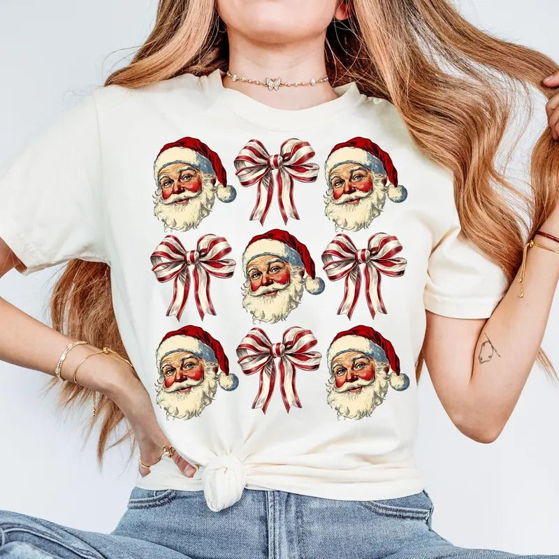 Womens Cute Santa Claus, Coquette Bows Christmas, Family Xmas V-Neck T-Shirt, Christmas Coquette Bow, Vintage Christmas Sweater, Retro Xmas