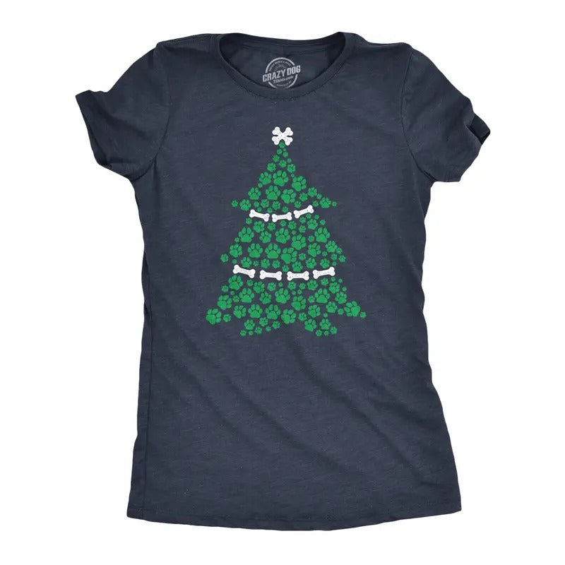 Womens Dog Paw Christmas Tree T shirt Cute Xmas Gift Holiday Puppy Lover Tee Funny Womens T Shirts Cute Slimming Top Comfortable Soft Womenswear Christmas Tops for Women Funny Dog Top Women's Novelty Navy