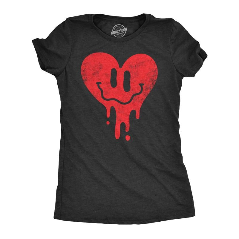 Womens Dripping Heart Face T Shirt Funny Valentines Day Melting Hearts Joke Tee for Ladies Funny Womens T Shirts Cute Slimming Top Black -