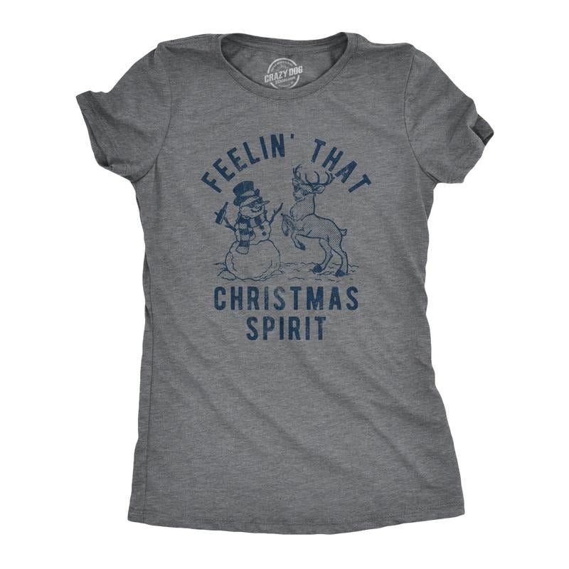 Womens Feelin' That Christmas Spirit T Shirt Funny Reindeer Snowman Party Graphic Tee Funny Womens T Shirts Cute Slimming Top Comfortable Soft Womenswear Christmas Tops for Women Funny Beer Top Dark Grey