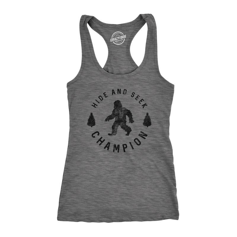 Womens Fitness Tank Hide and Seek Champion Tanktop Funny Bigfoot Sasquatch Shirt Funny Racerback Tank Cute Slimming Tank tops comfortable soft top Funny Camping Sleeveless Tee Novelty Tank Tops for Dark Grey