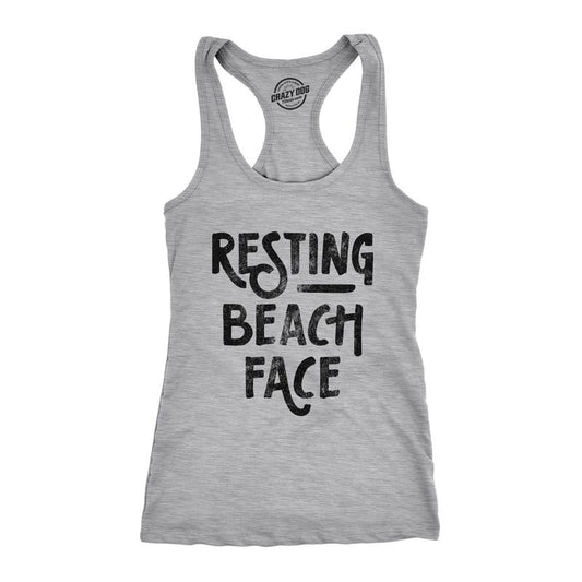 Womens Fitness Tank Resting Beach Face Tanktop Funny Spring Break Vacation Ocean Graphic Shirt Funny Racerback Tank Cute Slimming Tank tops comfortable soft top Funny Summer Sleeveless Tee Novelty Light Grey