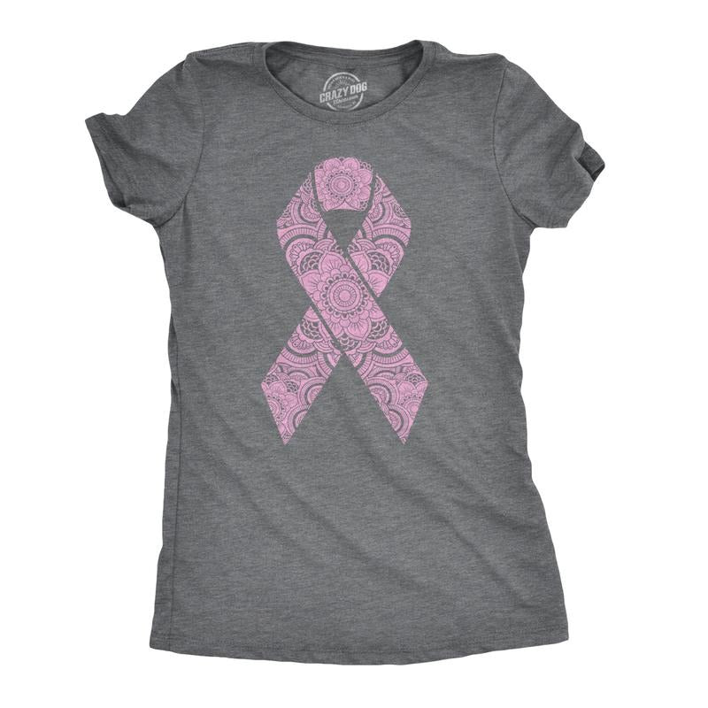 Womens Floral Breast Cancer Ribbon Awareness Survivor T shirt Funny Womens T Shirts Cute Slimming Top Comfortable Soft Womenswear Funny Motivational Top Women's Novelty Tees Dark Grey