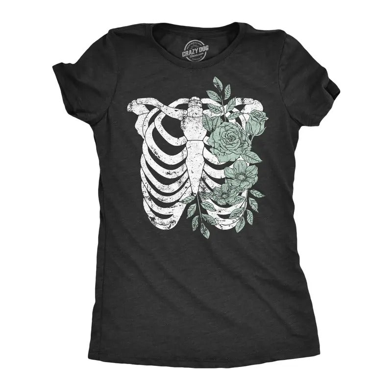 Womens Floral Ribcage T Shirt Funny Halloween Skeleton Flower Ribs Tee For Ladies Funny Womens T Shirts Cute Slimming Top Comfortable Soft Womenswear Halloween Tops for Women Women's Novelty Tees Black -