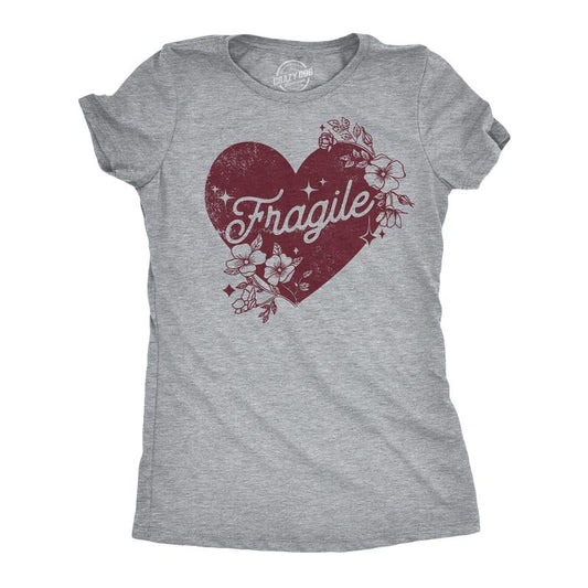 Womens Fragile Heart T Shirt Funny Valentines Day Delicate Sensitive Joke Tee for Ladies Funny Womens T Shirts Cute Slimming Top Comfortable Soft Womenswear Love Tops for Women Funny Sarcastic Top Light Grey