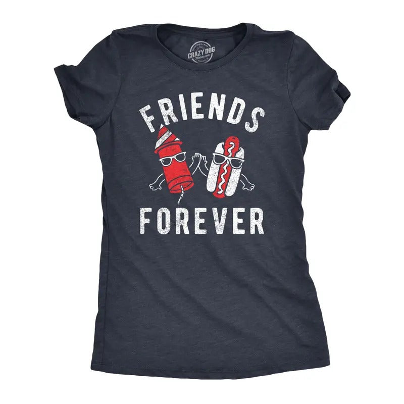 Womens Friends Forever Firecracker Hot Dog T Shirt Funny Fourth Of July Party Cookout Fireworks Tee For Ladies Funny Womens T Shirts Cute Slimming Top Comfortable Soft Womenswear Patriotic Tops for Navy -