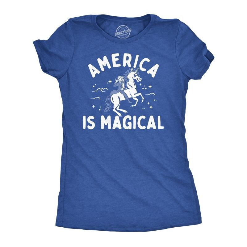 Womens Funny T Shirts America Is Magical Sarcastic Fourth Of July Graphic Tee For Ladies Funny Womens T Shirts Cute Slimming Top Comfortable Soft Womenswear Patriotic Tops for Women Funny Unicorn Top Royal -