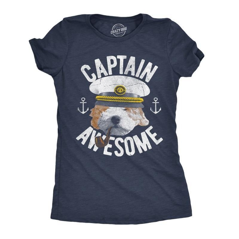 Womens Funny T Shirts Captain Awesome Sarcastic Cute Puppy Graphic Novelty Tee for Ladies Funny Womens T Shirts Cute Slimming Top Comfortable Soft Womenswear Sarcastic Tops for Women Funny Dog Top Navy - Dog