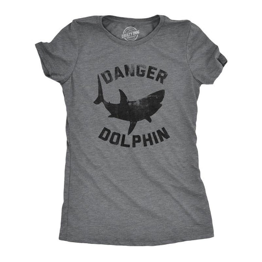 Womens Funny T Shirts Danger Dolphin Sarcastic Shark Graphic Novelty Tee For Ladies Funny Womens T Shirts Cute Slimming Top Comfortable Soft Womenswear Funny Sarcastic Top Women's Novelty Tees Dark Grey