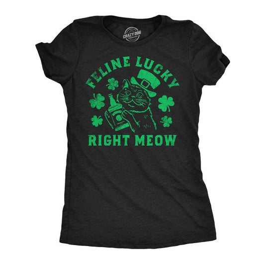 Womens Funny T Shirts Feline Lucky Right Meow Sarcastic St Patricks Day Kitten Graphic Tee For Ladies Funny Womens T Shirts Cute Slimming Top Comfortable Soft Womenswear Saint Patrick's Day Tops for Black -