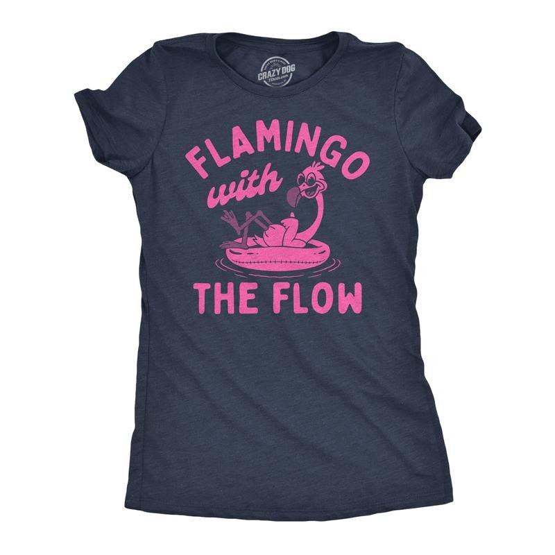 Womens Funny T Shirts Flamingo With The Flow Sarcastic Animal Graphic Tee For Ladies Funny Womens T Shirts Cute Slimming Top Comfortable Soft Womenswear Sarcastic Tops for Women Funny Animal Top Black -