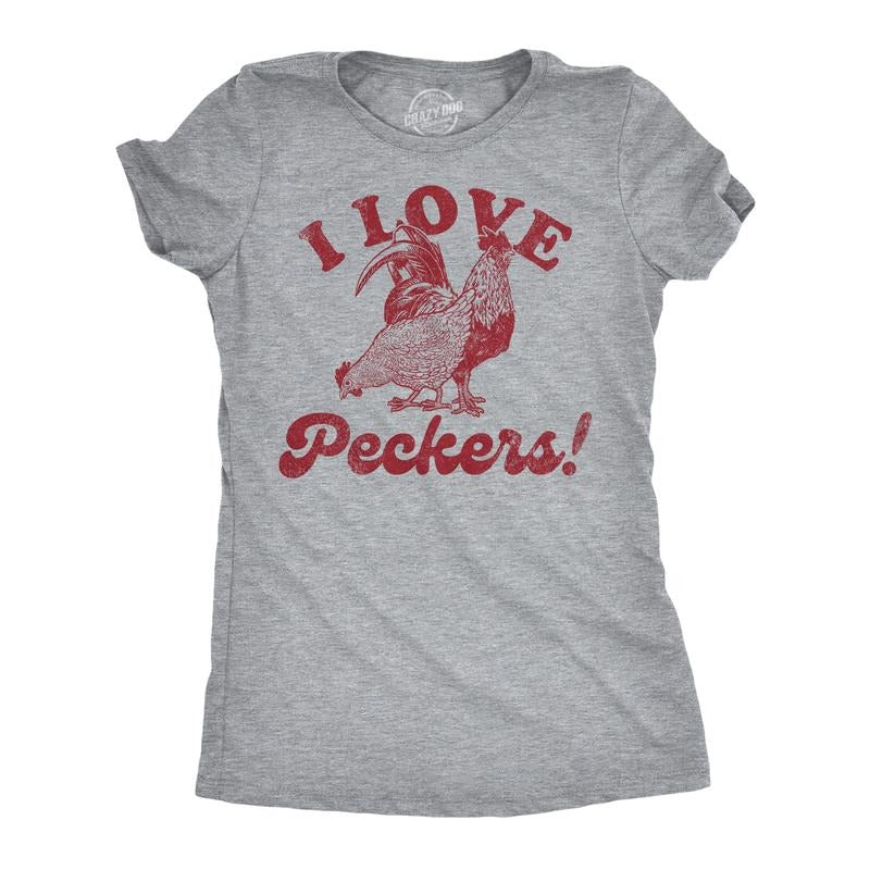 Womens Funny T Shirts I Love Peckers Sarcastic Chicken Graphic Tee For Ladies Funny Womens T Shirts Cute Slimming Top Comfortable Soft Womenswear Sarcastic Tops for Women Funny Animal Top Women's Light Grey