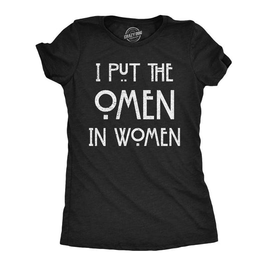 Womens Funny T Shirts I Put The Omen In Women Sarcastic Witch Graphic Novelty Tee For Ladies Funny Womens T Shirts Cute Slimming Top Comfortable Soft Womenswear Halloween Tops for Women Funny Black -