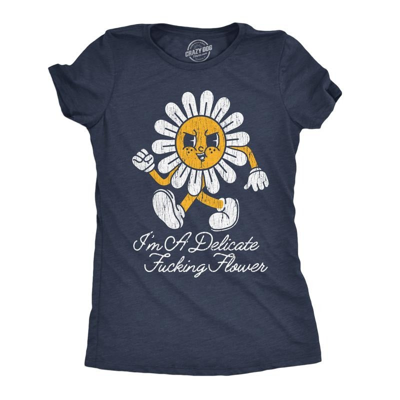 Womens Funny T Shirts Im A Delicate F*cking Flower Graphic Tee for Ladies Funny Womens T Shirts Cute Slimming Top Comfortable Soft Navy -