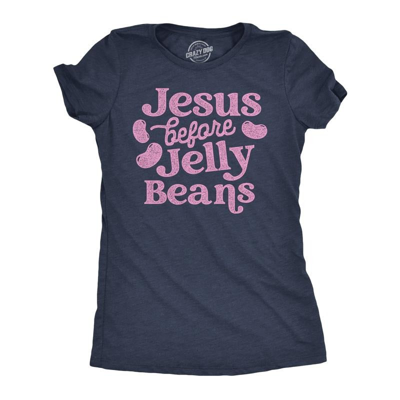 Womens Funny T Shirts Jesus Before Jelly Beans Sarcastic Easter Tee For Ladies Funny Womens T Shirts Cute Slimming Top Comfortable Soft Womenswear Easter Tops for Women Funny Food Top Women's Novelty Navy -