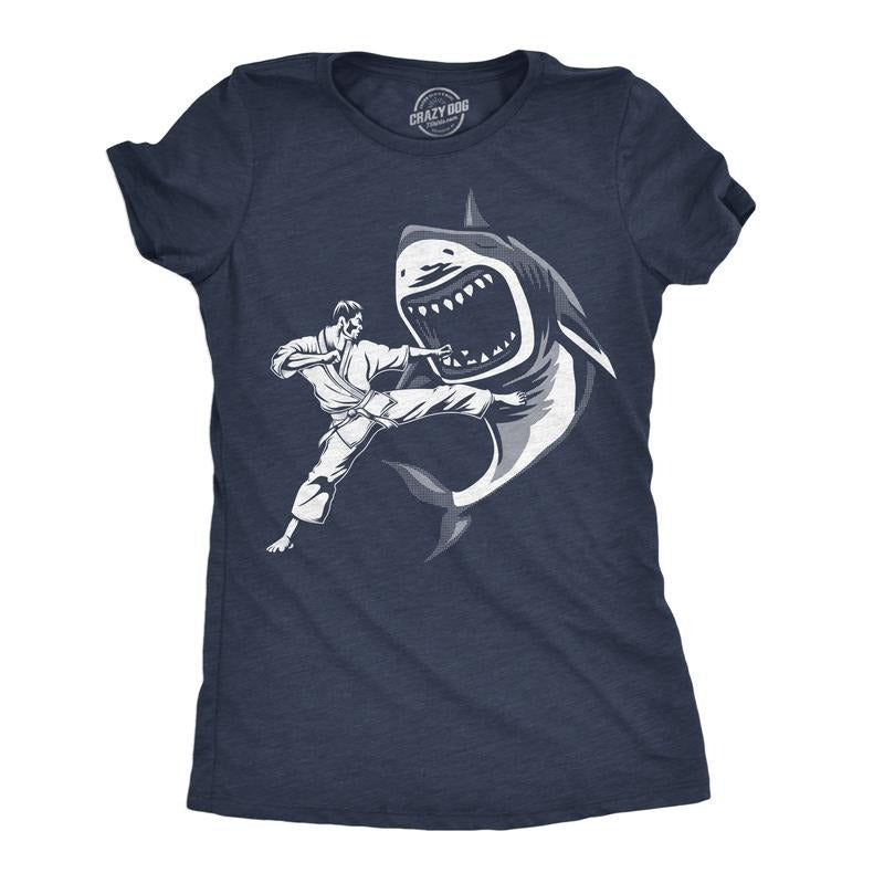 Womens Funny T Shirts Karate Kicked Shark Sarcastic Fighting Graphic Tee Funny Womens T Shirts Cute Slimming Top Comfortable Soft Womenswear Sarcastic Tops for Women Funny Animal Top Women's Novelty Navy -