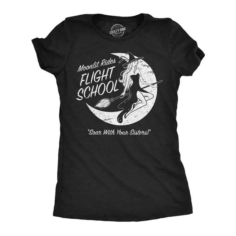Womens Funny T Shirts Moonlit Rides Flight School Sarcastic Halloween Witch Graphic Novelty Tee For Ladies Funny Womens T Shirts Cute Slimming Top Comfortable Soft Womenswear Halloween Tops for Women Black -