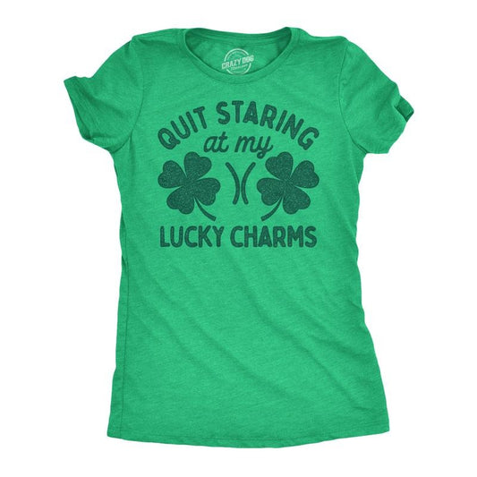 Womens Funny T Shirts Quit Staring At My Lucky Charms Sarcastic St Patricks Day Graphic Tee For Ladies Funny Womens T Shirts Cute Slimming Top Comfortable Soft Womenswear Saint Patrick's Day Tops for Green -