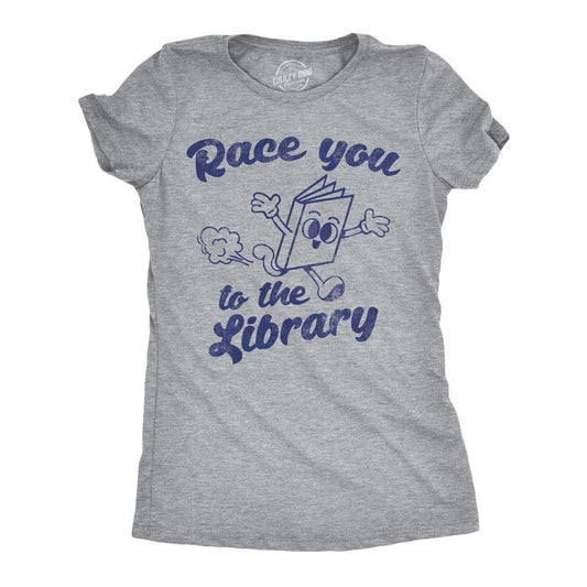 Womens Funny T Shirts Race You To The Library Sarcastic Book Graphic Novelty Tee For Ladies Funny Womens T Shirts Cute Slimming Top Comfortable Soft Womenswear Sarcastic Tops for Women Funny Nerd Top Light Grey