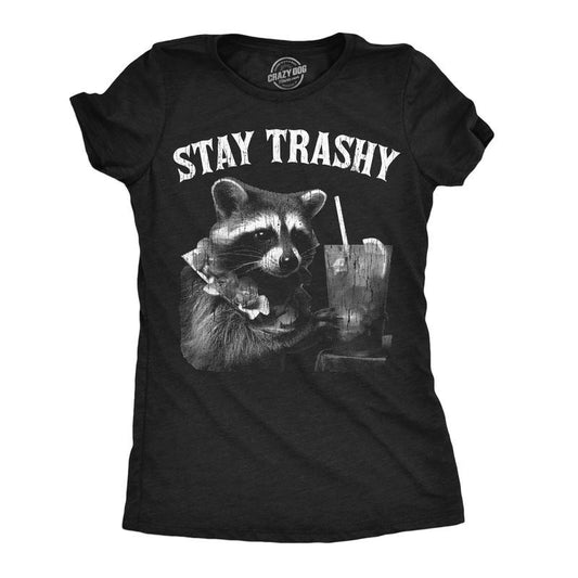 Womens Funny T Shirts Stay Trashy Sarcastic Raccoon Graphic Novelty Partying Tee for Ladies Funny Womens T Shirts Cute Slimming Top Black -